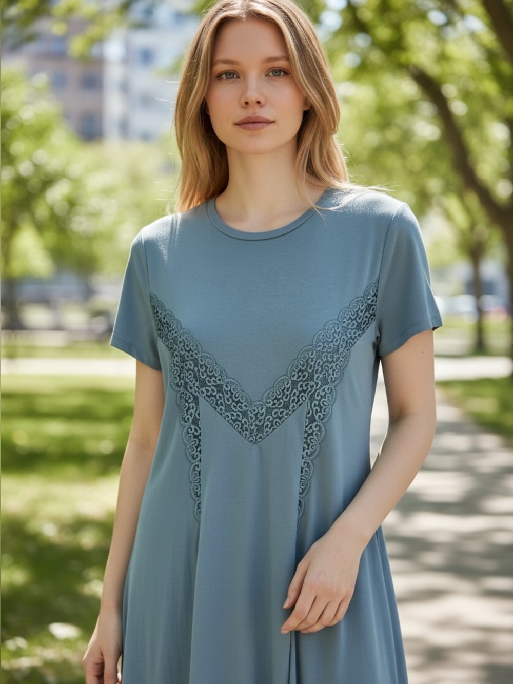 Free People Blue Lace Detail Long Sleeve Dress